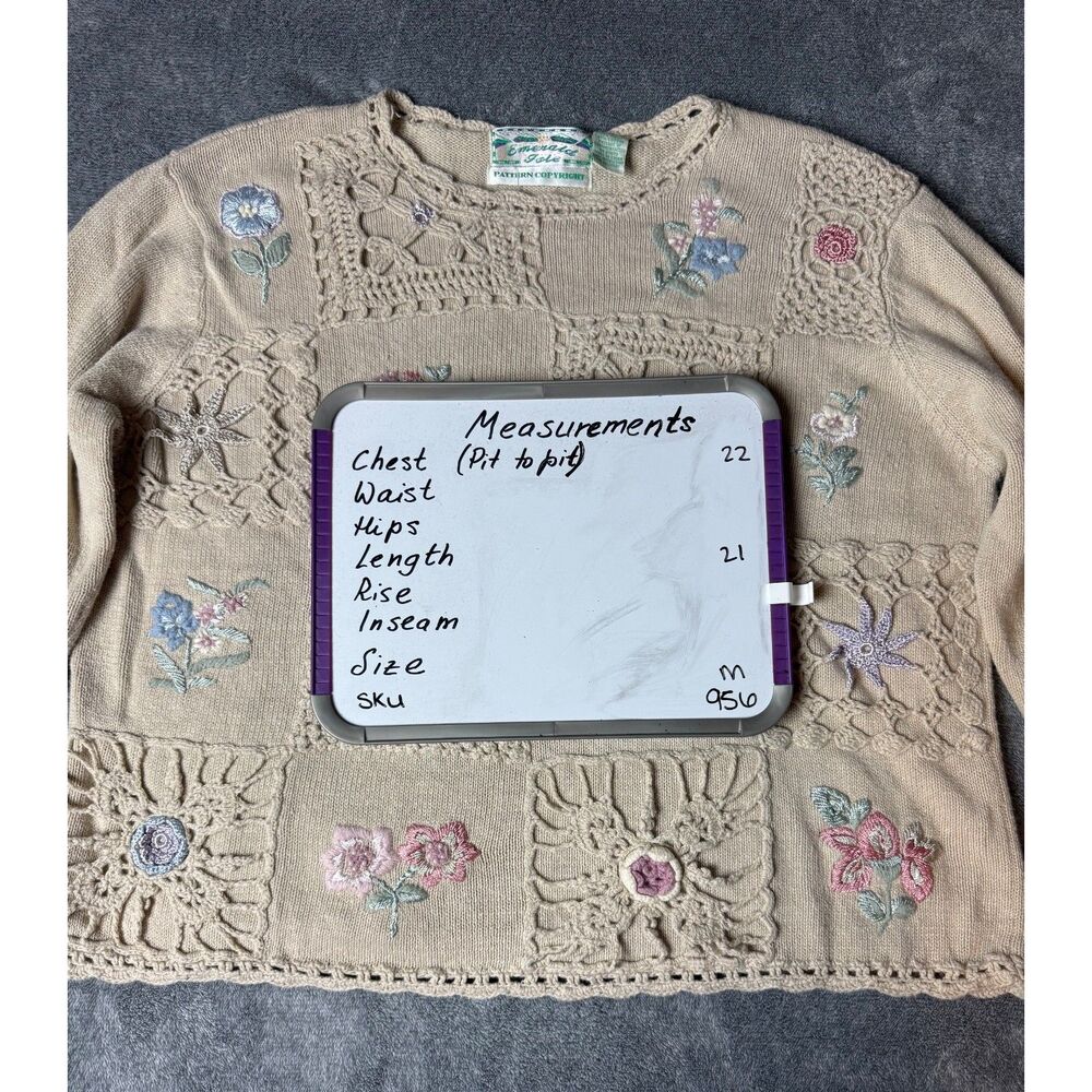 Emerald Isle Floral Patchwork Knit Sweater Beige Cottagecore Vintage Size M - Picture 8 of 8